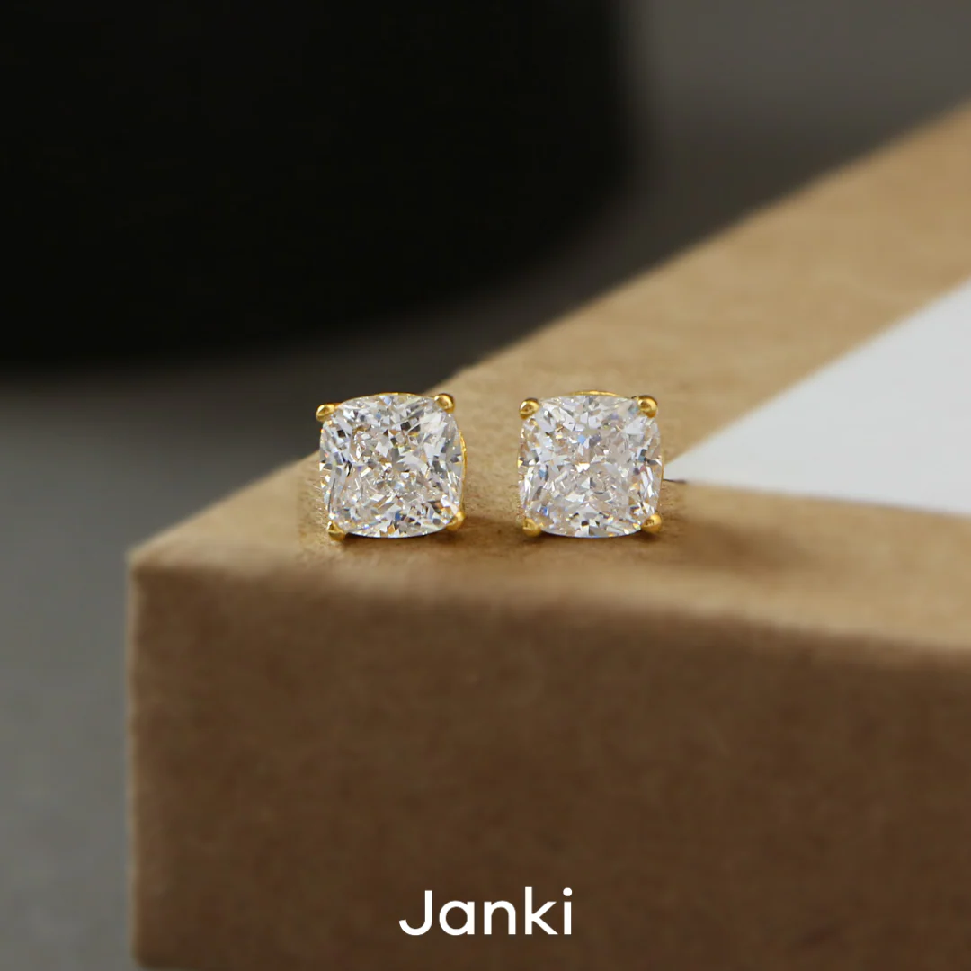 Cushion Gold Solitaire Diamond Zirconia Studs - Image 3