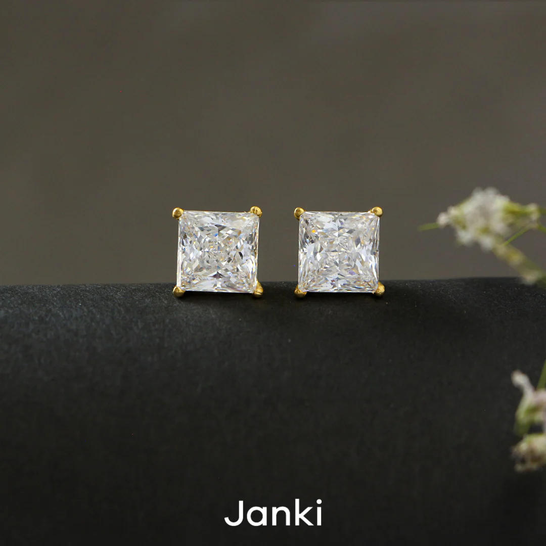 Princess Gold Solitaire Diamond Zirconia Studs - Image 3