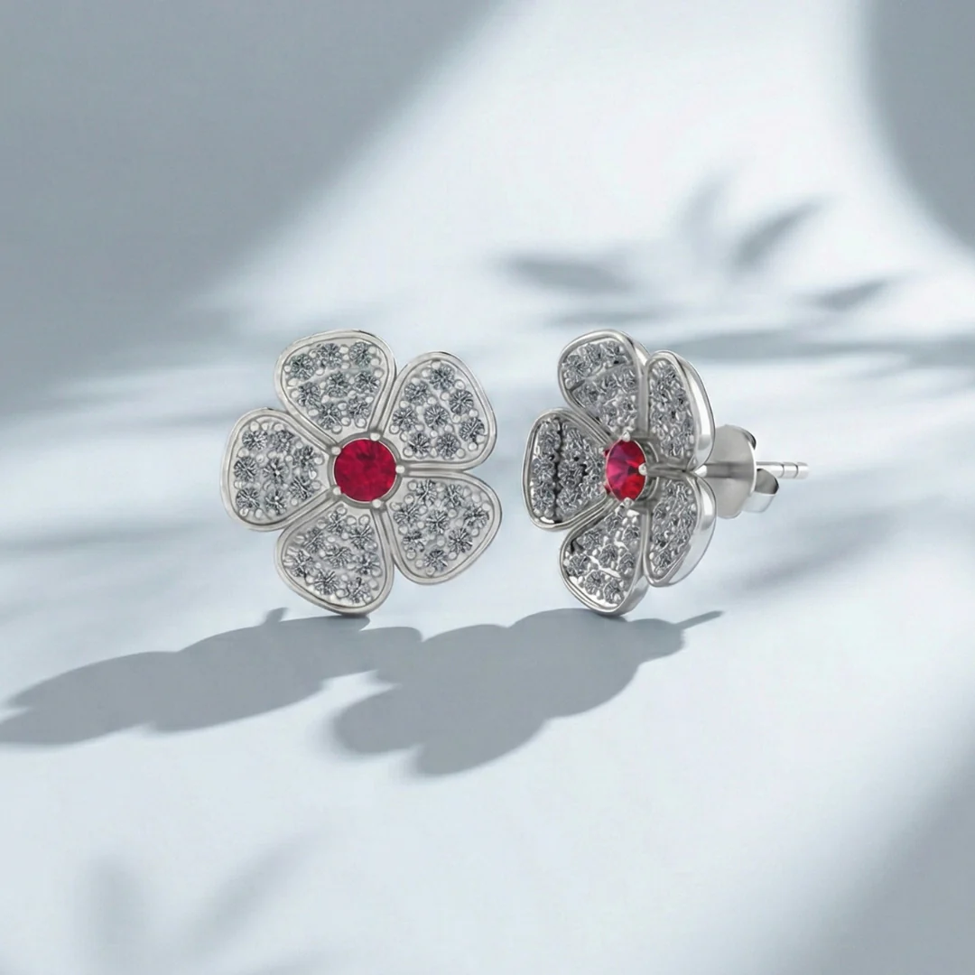 Ruby Flower Cluster Earrings